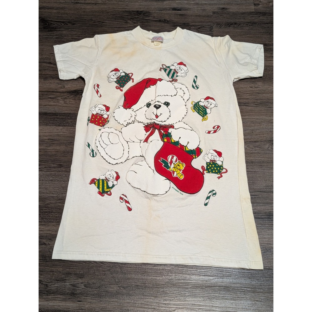 Vintage Christmas Teddy Bear Stocking T Shirt Graphic Tee‎ One Size READ!